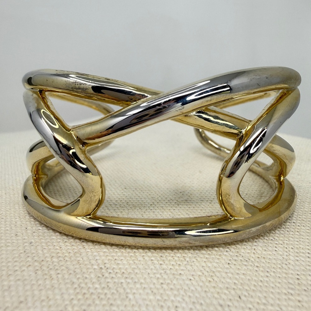 Sculptural Cuff Bracelet Openwork Statement Two Tone Heavyweight